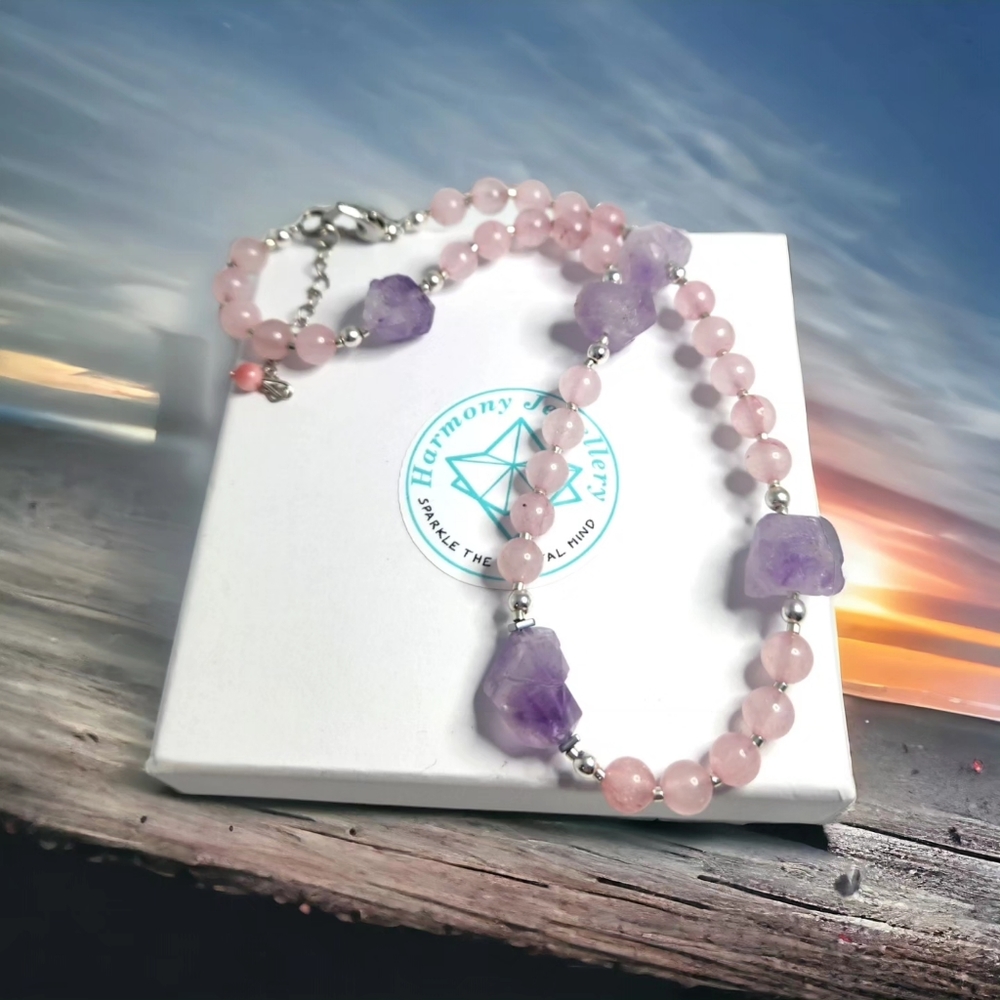 6 mm Rose Quartz and Raw Amethyst choker